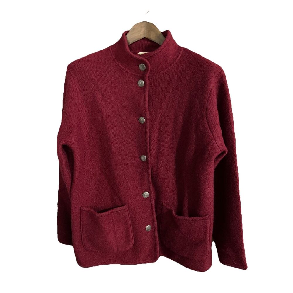 L.L. Bean Womens Dark Red 10% Thick Wool Button Sweater Jacket Size Medium